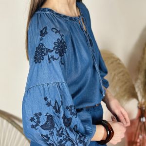 Blusa Denim Bordados Marino